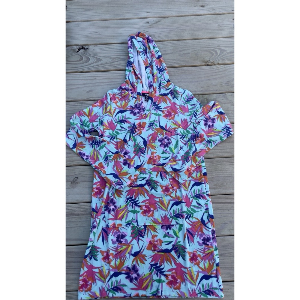 Lands End Girls Terry Cloth Cover Up MED Long Sleeve Hood Swim Tropical Vacation